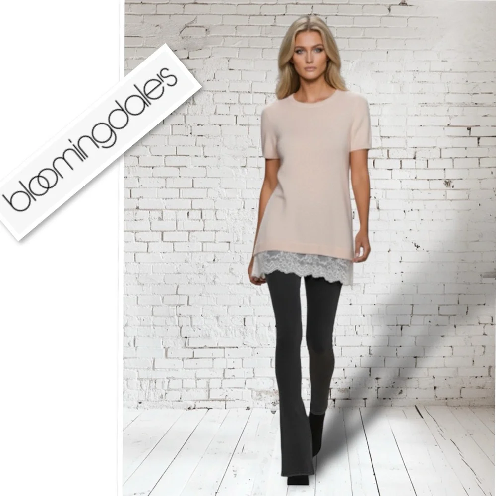 BLOOMINGDALE’S Nude Cashmere Short Sleeve Sweater With Lace Layer In Nude Size S